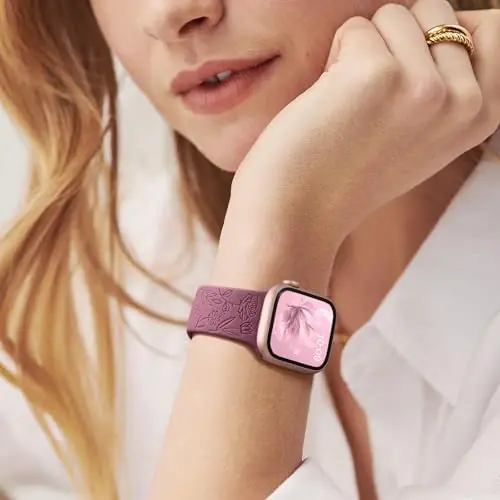 Easuny 8 Pack Bands for Women Compatible with Apple Watch 40mm 41mm 38mm 42mm 44mm 45mm 46mm 49mm iWatch Series 11 10 9 8 7 6 5 4 3 Ultra SE 3 SE 2nd, Soft Silicone Floral Engraved Dressy Wrist Straps - 6