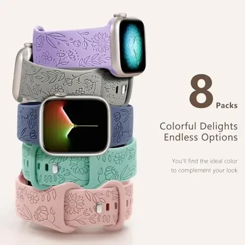 Easuny 8 Pack Bands for Women Compatible with Apple Watch 40mm 41mm 38mm 42mm 44mm 45mm 46mm 49mm iWatch Series 11 10 9 8 7 6 5 4 3 Ultra SE 3 SE 2nd, Soft Silicone Floral Engraved Dressy Wrist Straps - 4