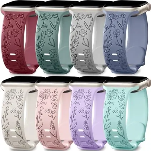 Easuny 8 Pack Bands for Women Compatible with Apple Watch 40mm 41mm 38mm 42mm 44mm 45mm 46mm 49mm iWatch Series 11 10 9 8 7 6 5 4 3 Ultra SE 3 SE 2nd, Soft Silicone Floral Engraved Dressy Wrist Straps 