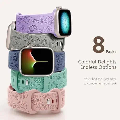 Easuny 8 Pack Bands for Women Compatible with Apple Watch 40mm 41mm 38mm 42mm 44mm 45mm 46mm 49mm iWatch Series 11 10 9 8 7 6 5 4 3 Ultra SE 3 SE 2nd, Soft Silicone Floral Engraved Dressy Wrist Straps - 4