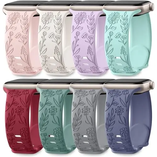 Easuny 8 Pack Bands for Women Compatible with Apple Watch 40mm 41mm 38mm 42mm 44mm 45mm 46mm 49mm iWatch Series 11 10 9 8 7 6 5 4 3 Ultra SE 3 SE 2nd, Soft Silicone Floral Engraved Dressy Wrist Straps - 1
