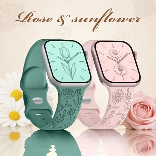 Easuny 8 Pack Bands for Women Compatible with Apple Watch 40mm 41mm 38mm 42mm 44mm 45mm 46mm 49mm iWatch Series 11 10 9 8 7 6 5 4 3 Ultra SE 3 SE 2nd, Soft Silicone Floral Engraved Dressy Wrist Straps - 4