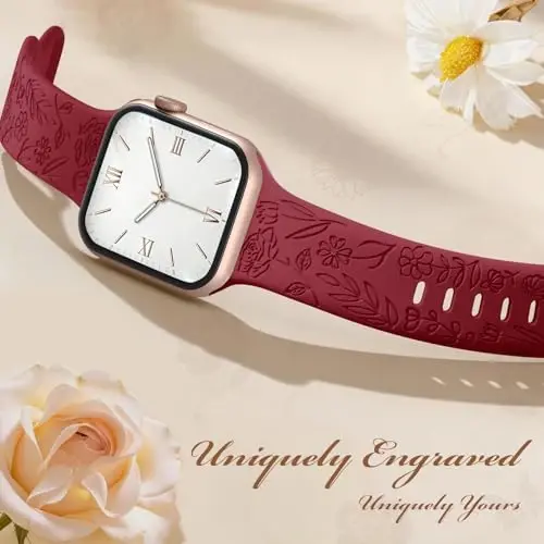 Easuny 8 Pack Bands for Women Compatible with Apple Watch 40mm 41mm 38mm 42mm 44mm 45mm 46mm 49mm iWatch Series 11 10 9 8 7 6 5 4 3 Ultra SE 3 SE 2nd, Soft Silicone Floral Engraved Dressy Wrist Straps - 5