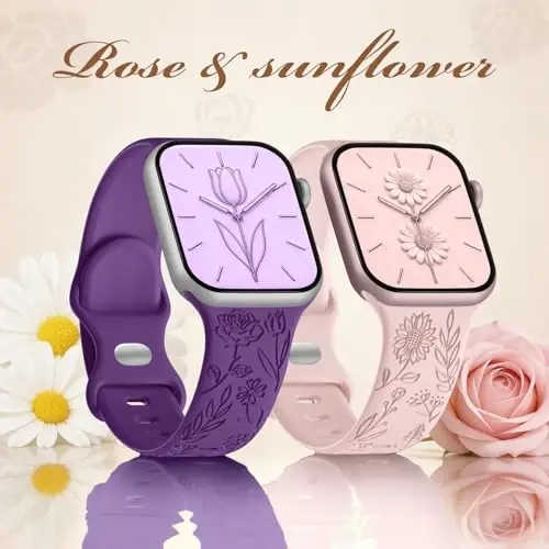 Easuny 8 Pack Bands for Women Compatible with Apple Watch 40mm 41mm 38mm 42mm 44mm 45mm 46mm 49mm iWatch Series 11 10 9 8 7 6 5 4 3 Ultra SE 3 SE 2nd, Soft Silicone Floral Engraved Dressy Wrist Straps - 4