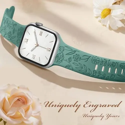 Easuny 8 Pack Bands for Women Compatible with Apple Watch 40mm 41mm 38mm 42mm 44mm 45mm 46mm 49mm iWatch Series 11 10 9 8 7 6 5 4 3 Ultra SE 3 SE 2nd, Soft Silicone Floral Engraved Dressy Wrist Straps - 5