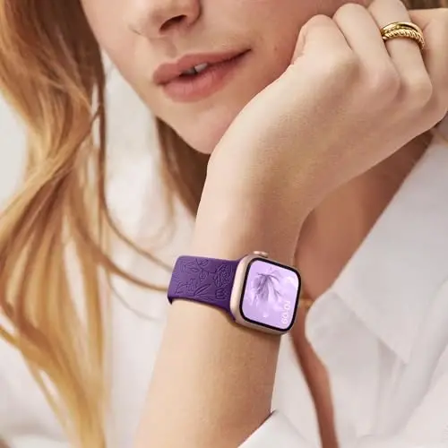 Easuny 8 Pack Bands for Women Compatible with Apple Watch 40mm 41mm 38mm 42mm 44mm 45mm 46mm 49mm iWatch Series 11 10 9 8 7 6 5 4 3 Ultra SE 3 SE 2nd, Soft Silicone Floral Engraved Dressy Wrist Straps - 6