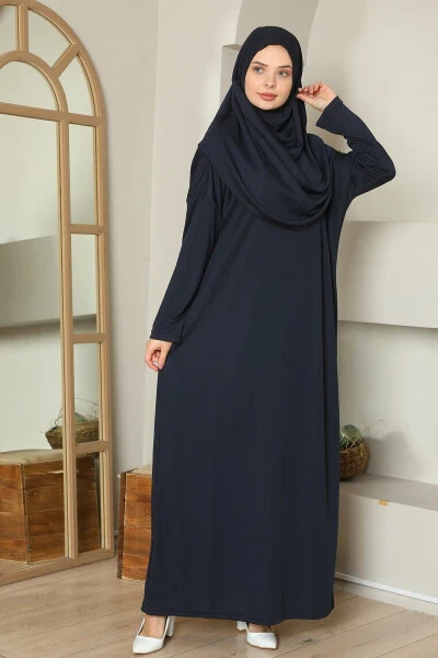 Easy Wear Single Piece Namaz Dress Lacivert - MEDIPEK