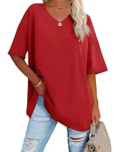 Ebifin Womens Oversized Tshirts V Neck Tee Shirts Half Sleeve Loose Fit T Shirt Cotton Tunic Tops 2025 