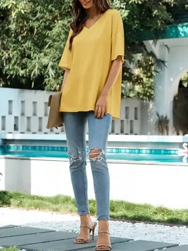 Ebifin Womens Oversized Tshirts V Neck Tee Shirts Half Sleeve Loose Fit T Shirt Cotton Tunic Tops 2025 