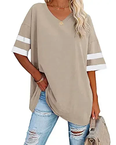 Ebifin Womens Oversized Tshirts V Neck Tee Shirts Half Sleeve Loose Fit T Shirt Cotton Tunic Tops 2025 - EBIFIN