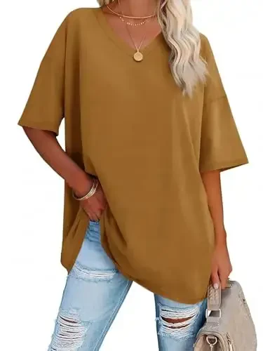 Ebifin Womens Oversized Tshirts V Neck Tee Shirts Half Sleeve Loose Fit T Shirt Cotton Tunic Tops 2025 - EBIFIN