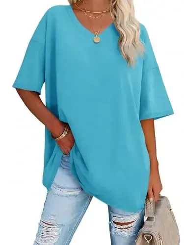 Ebifin Womens Oversized Tshirts V Neck Tee Shirts Half Sleeve Loose Fit T Shirt Cotton Tunic Tops 2025 