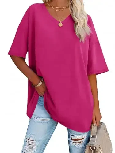 Ebifin Womens Oversized Tshirts V Neck Tee Shirts Half Sleeve Loose Fit T Shirt Cotton Tunic Tops 2025 