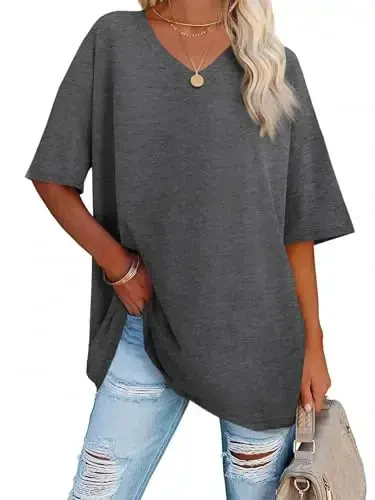 Ebifin Womens Oversized Tshirts V Neck Tee Shirts Half Sleeve Loose Fit T Shirt Cotton Tunic Tops 2025 - EBIFIN