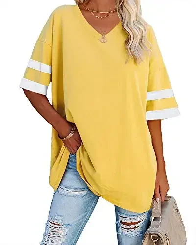 Ebifin Womens Oversized Tshirts V Neck Tee Shirts Half Sleeve Loose Fit T Shirt Cotton Tunic Tops 2025 