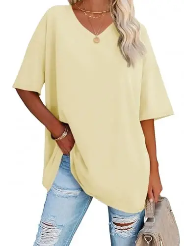 Ebifin Womens Oversized Tshirts V Neck Tee Shirts Half Sleeve Loose Fit T Shirt Cotton Tunic Tops 