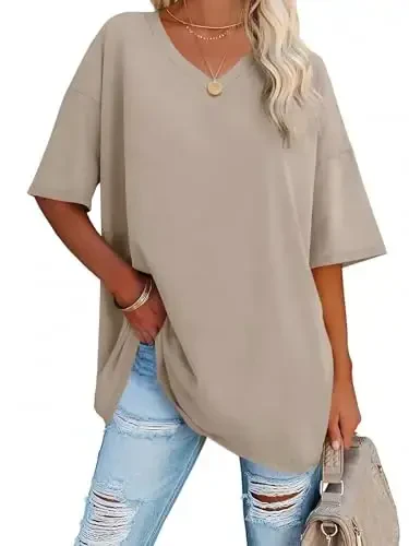 Ebifin Womens Oversized Tshirts V Neck Tee Shirts Half Sleeve Loose Fit T Shirt Cotton Tunic Tops 2025 
