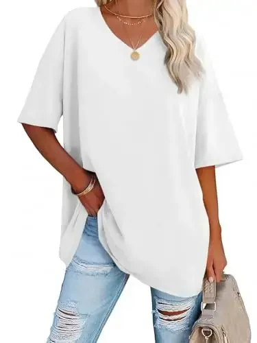Ebifin Womens Oversized Tshirts V Neck Tee Shirts Half Sleeve Loose Fit T Shirt Cotton Tunic Tops 2025 - 1