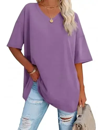 Ebifin Womens Oversized Tshirts V Neck Tee Shirts Half Sleeve Loose Fit T Shirt Cotton Tunic Tops 2025 