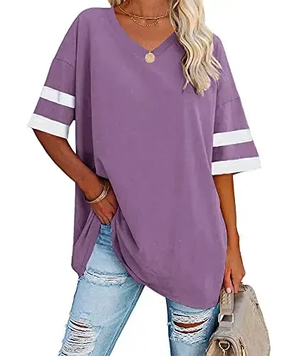 Ebifin Womens Oversized Tshirts V Neck Tee Shirts Half Sleeve Loose Fit T Shirt Cotton Tunic Tops 2025 
