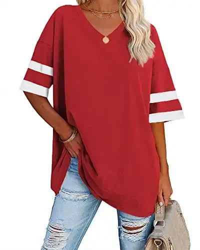 Ebifin Womens Oversized Tshirts V Neck Tee Shirts Half Sleeve Loose Fit T Shirt Cotton Tunic Tops 2025 