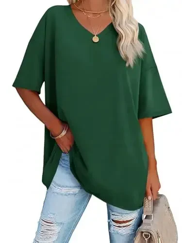 Ebifin Womens Oversized Tshirts V Neck Tee Shirts Half Sleeve Loose Fit T Shirt Cotton Tunic Tops 2025 - EBIFIN