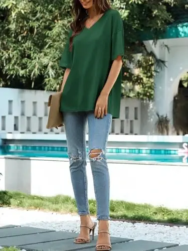Ebifin Womens Oversized Tshirts V Neck Tee Shirts Half Sleeve Loose Fit T Shirt Cotton Tunic Tops 2025 