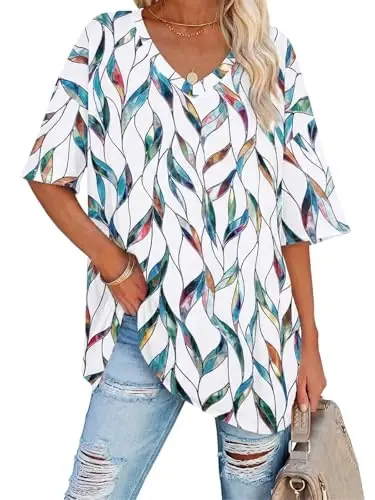 Ebifin Womens Oversized Tshirts V Neck Tee Shirts Half Sleeve Loose Fit T Shirt Cotton Tunic Tops - EBIFIN