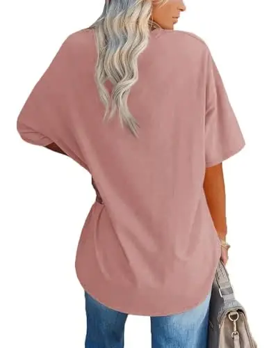 Ebifin Womens Oversized Tshirts V Neck Tee Shirts Half Sleeve Loose Fit T Shirt Cotton Tunic Tops - EBIFIN (1)