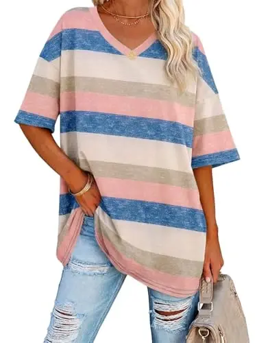 Ebifin Womens Oversized Tshirts V Neck Tee Shirts Half Sleeve Loose Fit T Shirt Cotton Tunic Tops 
