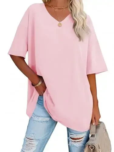 Ebifin Womens Oversized Tshirts V Neck Tee Shirts Half Sleeve Loose Fit T Shirt Cotton Tunic Tops 2025 - EBIFIN