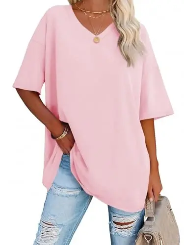 Ebifin Womens Oversized Tshirts V Neck Tee Shirts Half Sleeve Loose Fit T Shirt Cotton Tunic Tops 2025 - 1