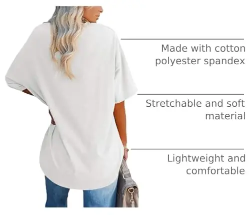 Ebifin Women's Oversized T-shirts V Neck Tee Shirts Half Sleeve Loose Fit T-shirt Cotton Tunic Tops - 4