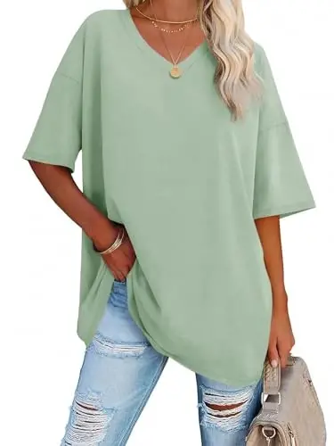 Ebifin Women's Oversized T-shirts V Neck Tee Shirts Half Sleeve Loose Fit T-shirt Cotton Tunic Tops 