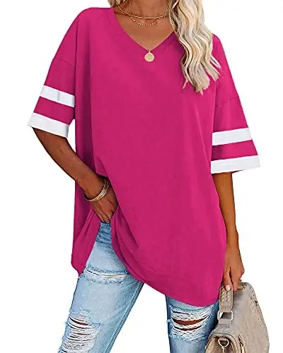 Ebifin Womens Oversized Tshirts V Neck Tee Shirts Half Sleeve Loose Fit T Shirt Cotton Tunic Tops 