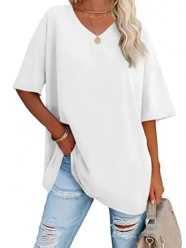 Ebifin Womens Oversized Tshirts V Neck Tee Shirts Half Sleeve Loose Fit T Shirt Cotton Tunic Tops 