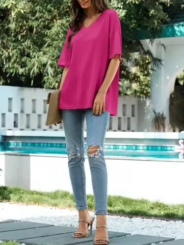 Ebifin Womens Oversized Tshirts V Neck Tee Shirts Half Sleeve Loose Fit T Shirt Cotton Tunic Tops 2025 