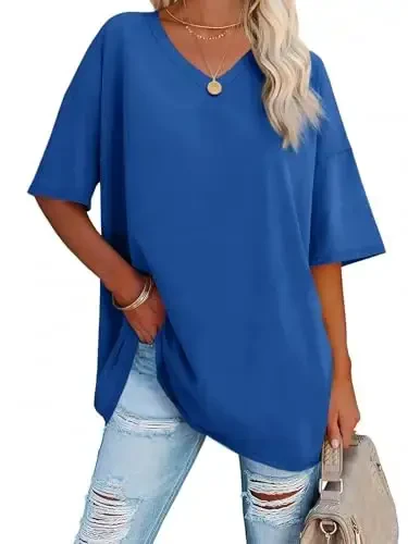 Ebifin Womens Oversized Tshirts V Neck Tee Shirts Half Sleeve Loose Fit T Shirt Cotton Tunic Tops 2025 - EBIFIN