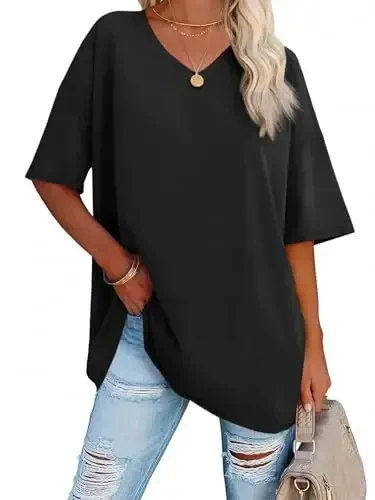 Ebifin Womens Oversized Tshirts V Neck Tee Shirts Half Sleeve Loose Fit T Shirt Cotton Tunic Tops 2025 