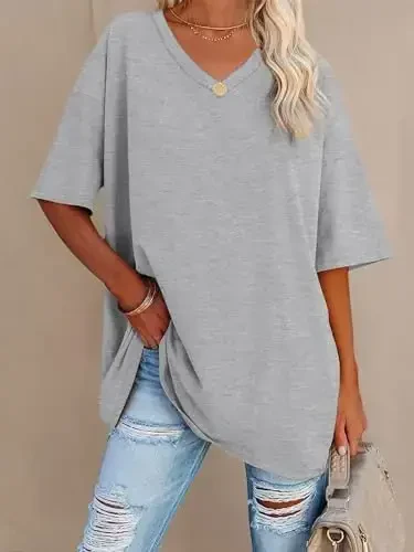 Ebifin Womens Oversized Tshirts V Neck Tee Shirts Half Sleeve Loose Fit T Shirt Cotton Tunic Tops 2025 - 3