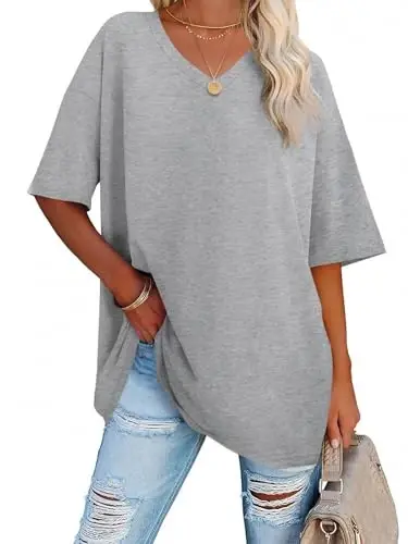 Ebifin Womens Oversized Tshirts V Neck Tee Shirts Half Sleeve Loose Fit T Shirt Cotton Tunic Tops 2025 - 1