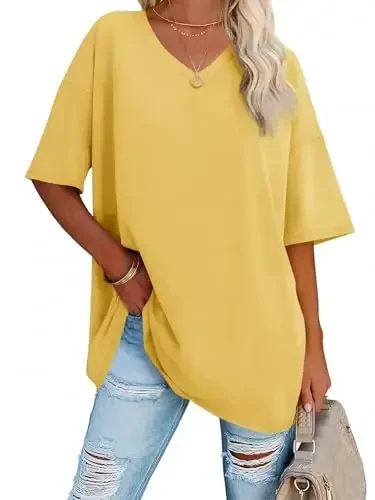 Ebifin Womens Oversized Tshirts V Neck Tee Shirts Half Sleeve Loose Fit T Shirt Cotton Tunic Tops 2025 - EBIFIN