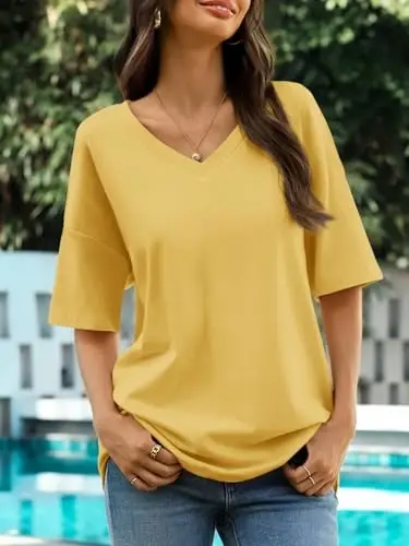 Ebifin Womens Oversized Tshirts V Neck Tee Shirts Half Sleeve Loose Fit T Shirt Cotton Tunic Tops 2025 - 3