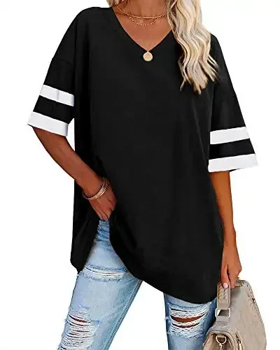 Ebifin Womens Oversized Tshirts V Neck Tee Shirts Half Sleeve Loose Fit T Shirt Cotton Tunic Tops 2025 