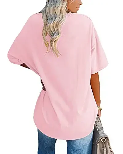 Ebifin Womens Oversized Tshirts V Neck Tee Shirts Half Sleeve Loose Fit T Shirt Cotton Tunic Tops 2025 - EBIFIN (1)