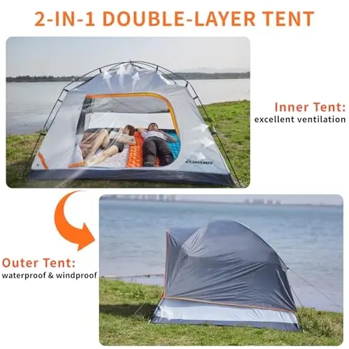 EchoSmile 2/4 Person Camping Tent, Lightweight Dome Family Tent with Rainfly, Easy Setup, Waterproof & Windproof Outdoor Shelter for Group Hiking, Backpacking, 3-Season Use - ECHOSMILE (1)