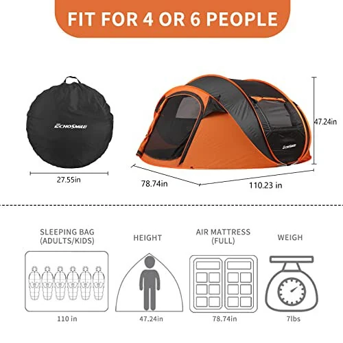 EchoSmile Camping Instant Chodir, 2/4/6/8/10 Kishilik Pop Up Chodir, Su O'tkazmaydigan Gumbaz Chodir, Kemping, Piyoda Sayohat va Tashqi Faoliyat Uchun Oson O'rnatish, Ko'chirish Sumkasi bilan Ko'chirish Mumkin Bo'lgan Chodir, 3 Mavsum Uchun... - 4
