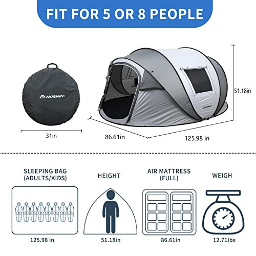 EchoSmile Camping Instant Tent, 2/4/6/8/10 Person Pop Up Tent, Water Resistant Dome Tent, Easy Setup for Camping Hiking and Outdoor, Portable Tent with Carry Bag, for 3 Seasons... - 4