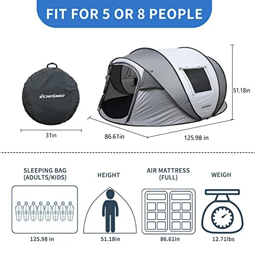 EchoSmile Camping Instant Tent, 2/4/6/8/10 Person Pop Up Tent, Water Resistant Dome Tent, Easy Setup for Camping Hiking and Outdoor, Portable Tent with Carry Bag, for 3 Seasons... - 4