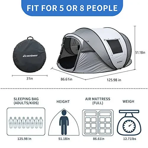 EchoSmile Camping Instant Tent, 2/4/6/8/10 Person Pop Up Tent, Water Resistant Dome Tent, Easy Setup for Camping Hiking and Outdoor, Portable Tent with Carry Bag, for 3 Seasons... - 4